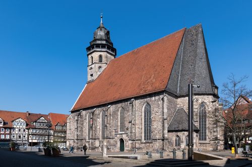 Free Medieval church with timbered houses in Hann. Münden, Germany. Stock Photo