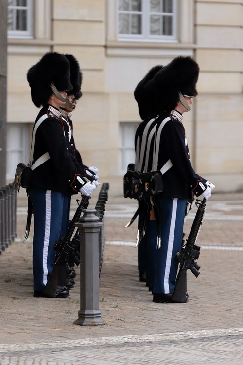 Free Danish royal guards in traditional uniforms stand in formation at a Copenhagen palace. Stock Photo