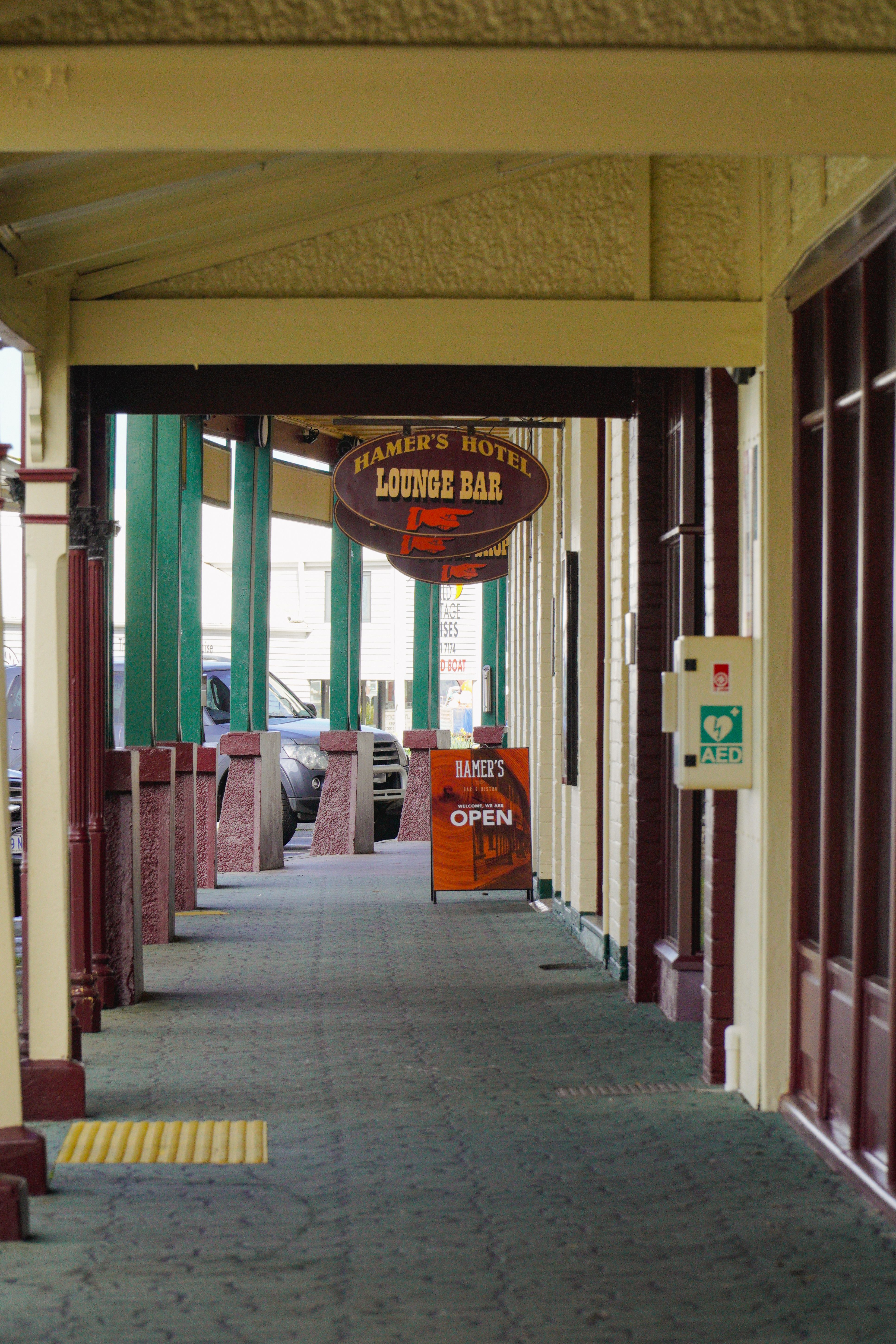 Cozy covered walkway of Hamer's Hotel Lounge Bar in Strahan, Tasmania.