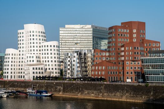 View of the Iconic Gehry Buildings at MedienHafen in Düsseldorf, Germany.
