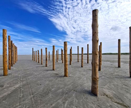 Free A serene beach view of wooden posts under a blue sky in Sankt Peter-Ording, Germany. Stock Photo