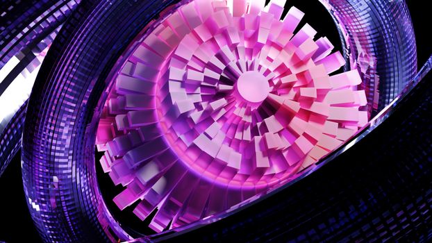Dynamic 3D abstract design with vibrant pink and purple geometric elements glowing in neon light.