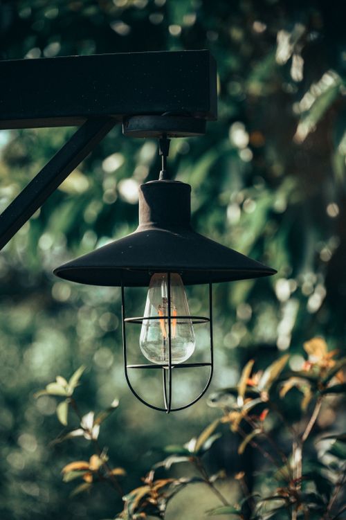 Free Rustic outdoor lamp illuminating a verdant garden setting in Hà Nội, Vietnam. Stock Photo