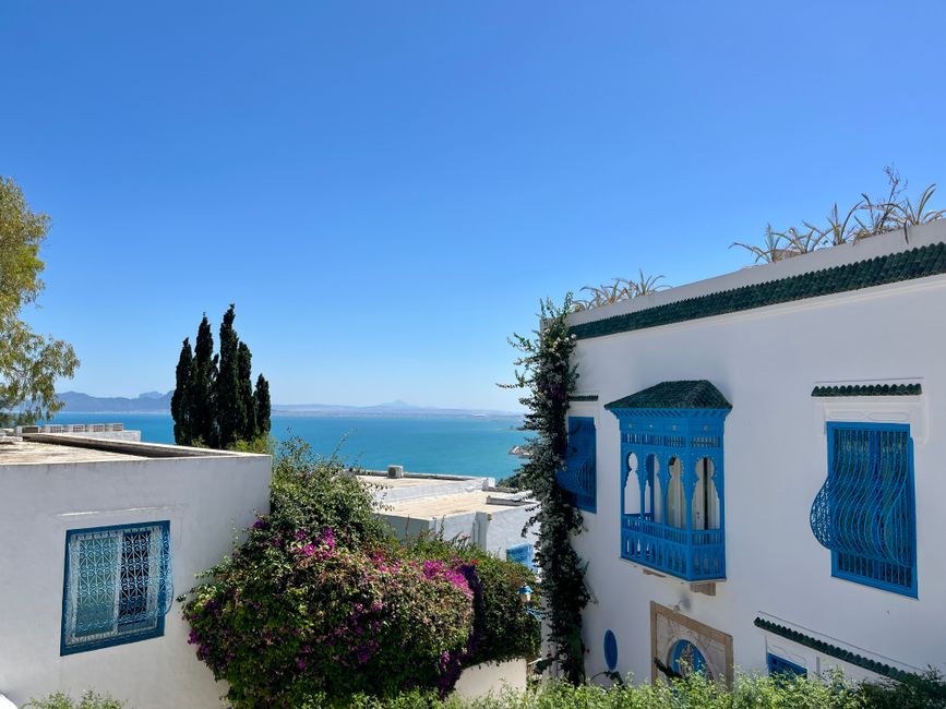 Beautiful view of Mediterranean Sea from Carthage, showcasing traditional Tunisian architecture.