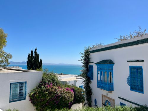 Free Beautiful view of Mediterranean Sea from Carthage, showcasing traditional Tunisian architecture. Stock Photo