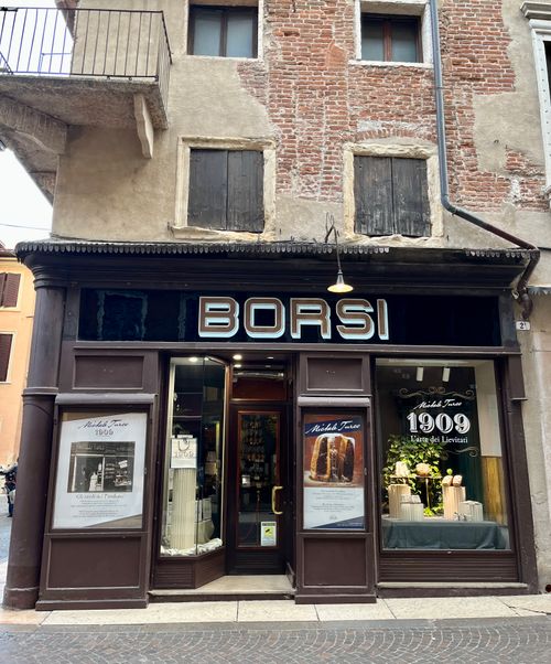 Free Exterior view of the historic Borsi bakery in Verona, Italy, capturing its classic facade. Stock Photo