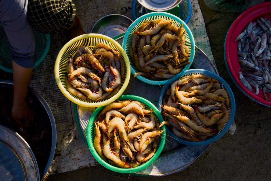 Top view of shrimp baskets at an outdoor market showcasing fresh seafood catch.