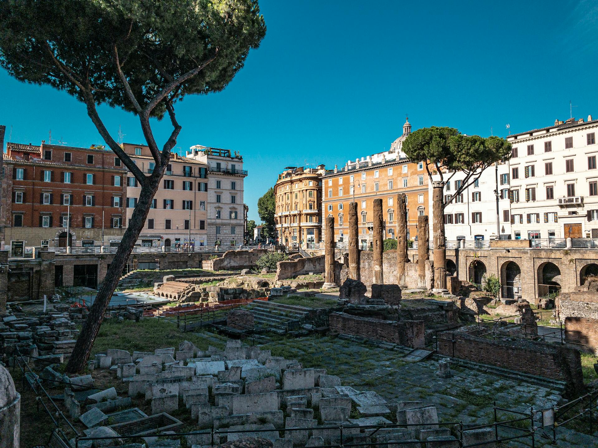 Explore the historic ruins of Rome surrounded by beautiful architecture and ancient columns.