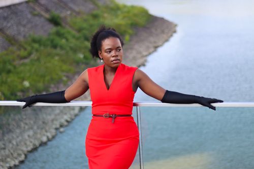 Free Elegant woman in a red dress with black gloves posing by Düsseldorf's waterfront, exuding confidence and style. Stock Photo