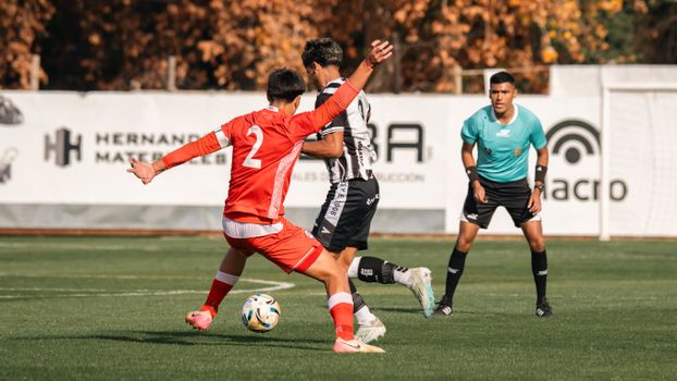 Close-up action in a competitive soccer match outdoors with players and referee in focus.