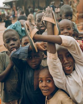 A group of happy children playing in a vibrant village setting in Nigeria.