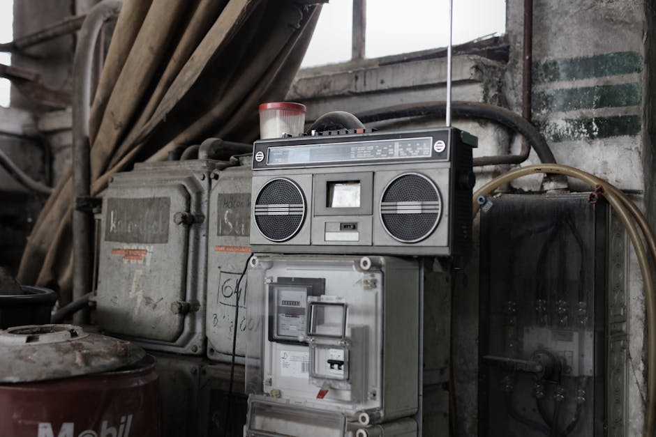 shabby garage with old industrial meter and equipment