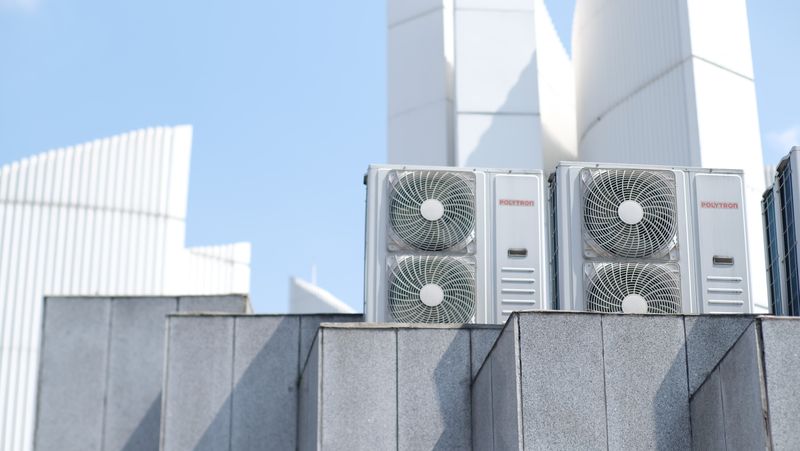 Cooling units on an urban rooftop
