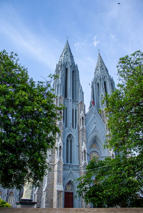 Free Majestic Gothic cathedral with twin spires surrounded by lush greenery under a clear blue sky. Stock Photo