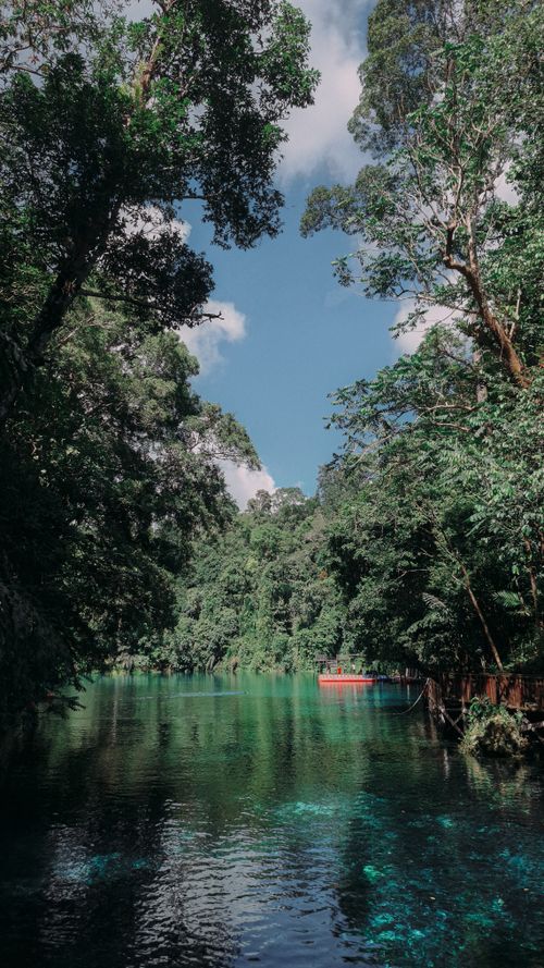 Free A tranquil lake surrounded by lush greenery and a striking red boat under a clear blue sky. Stock Photo