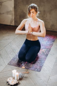 A woman practicing meditation indoors on a galaxy-themed yoga mat, creating a serene atmosphere.