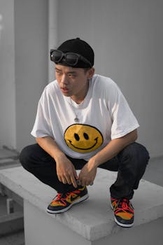 一位穿着笑脸衬衫的年轻人蹲在户外，气质平静而体贴