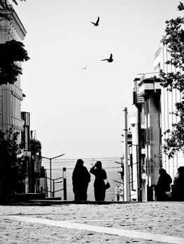 Black and white street scene in Istanbul featuring silhouettes and flying birds.