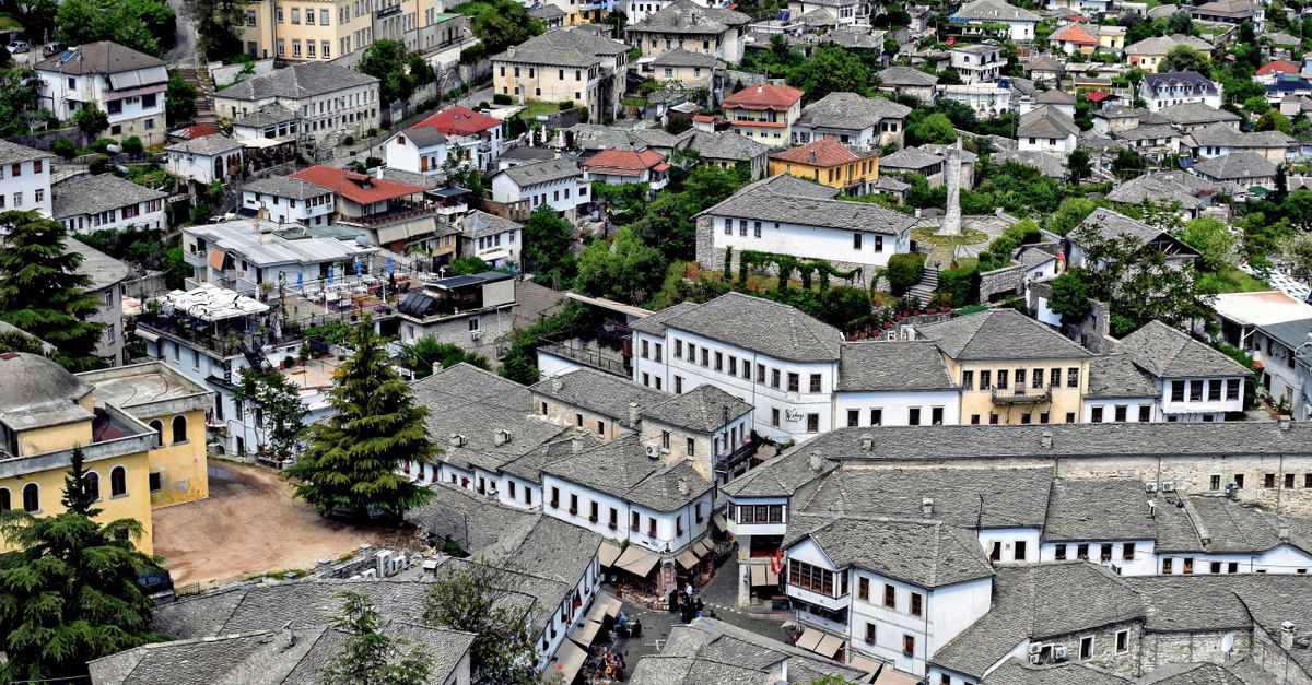 stone Ottoman houses on a hillside in Albania