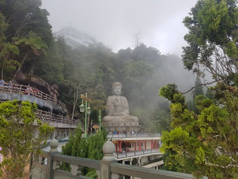 在马来西亚云顶高地，于薄雾缭绕的绿树间探寻宁静的佛像