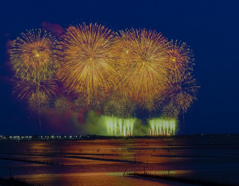 鮮やかな花火が静かな水面の上空を照らし、息を呑むような光景を創り出す。