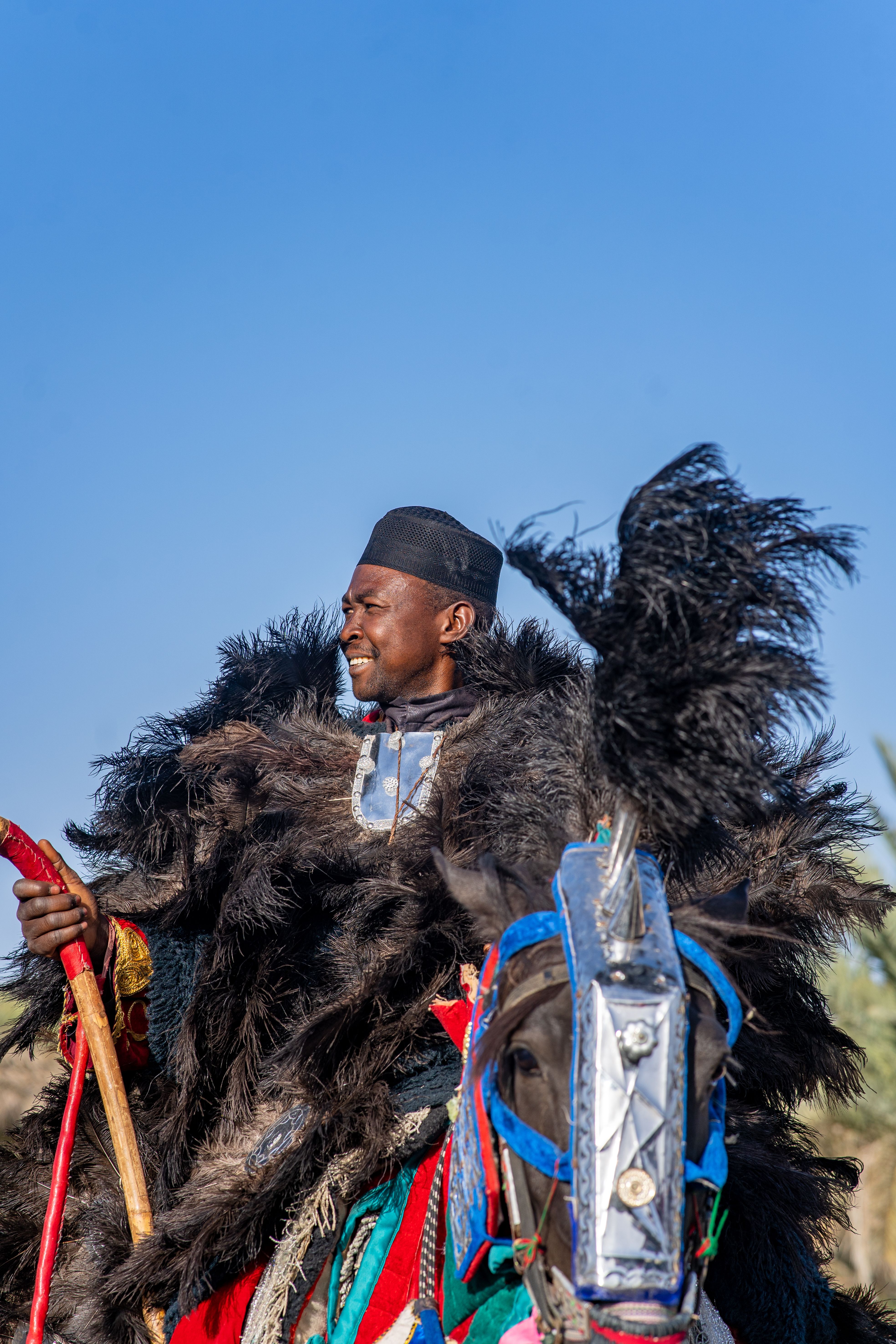 A man in traditional ornate costume riding a decorated horse under a clear blue sky.