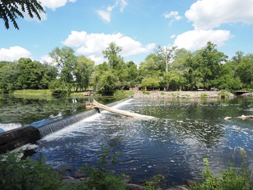 Free Peaceful waterfall and greenery in a sunny Newtown, Pennsylvania park. Stock Photo