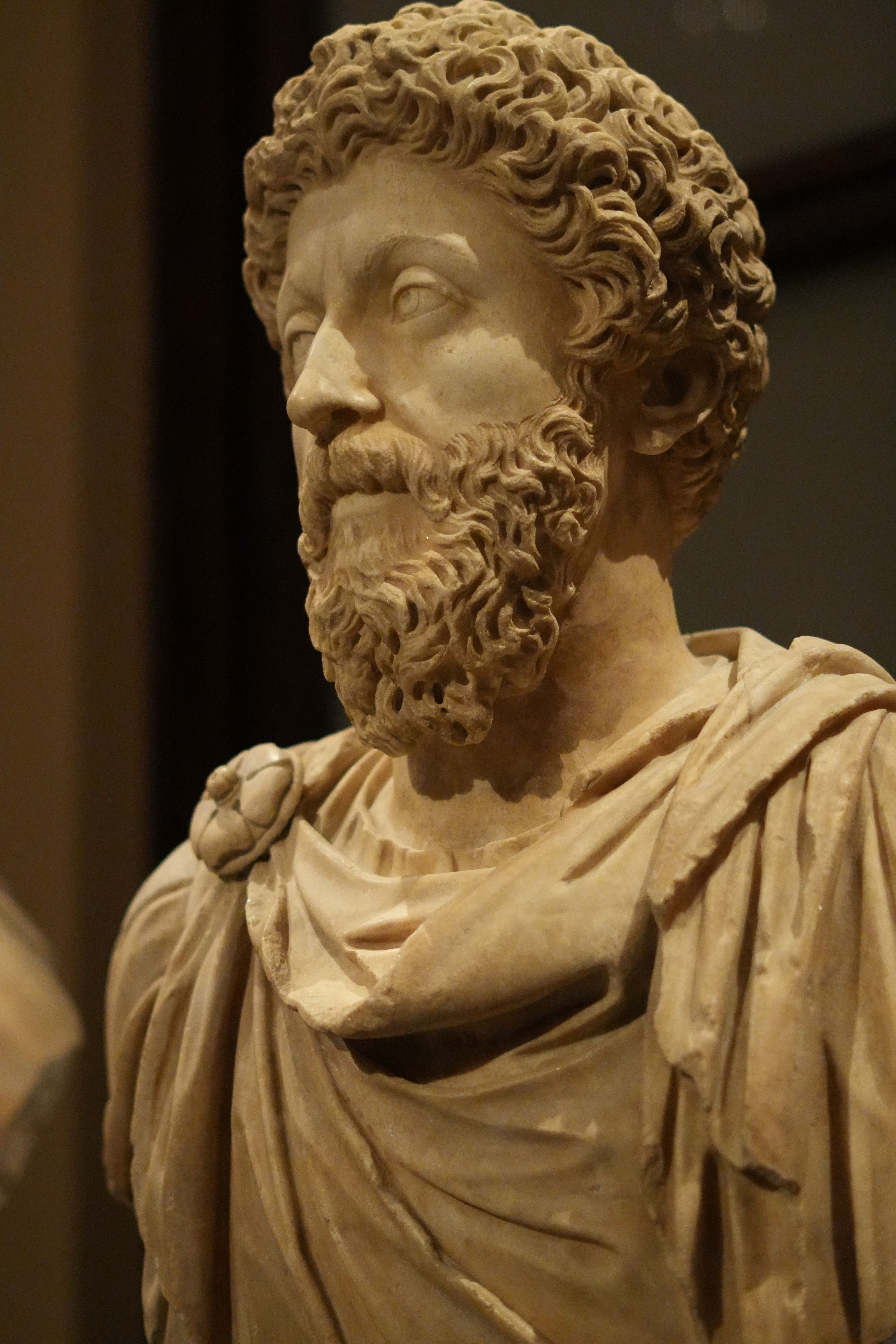 A detailed marble bust of a Roman emperor, showcasing intricate craftsmanship.