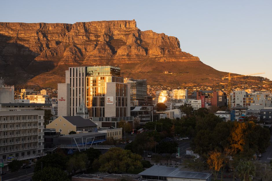 Rooftop hotel pool with Lion's Head in the background, Cape Town
