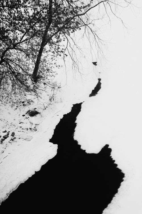 Free Black and white image of a snow-covered landscape with a flowing stream. Stock Photo