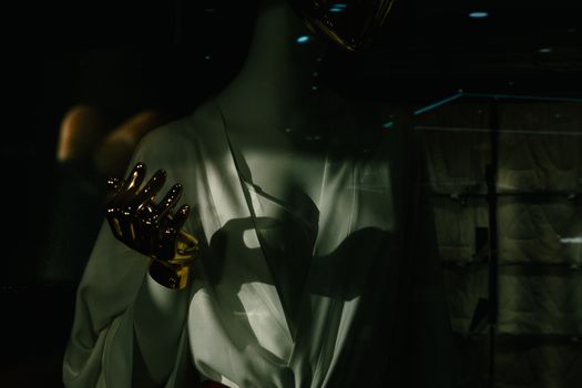 Stylish mannequin adorned with gold gloves, casting dramatic shadows in an upscale store display.