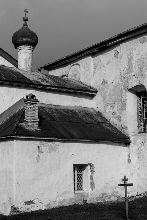 Free Aged Orthodox Church exterior in monochrome, showcasing rustic architecture. Stock Photo