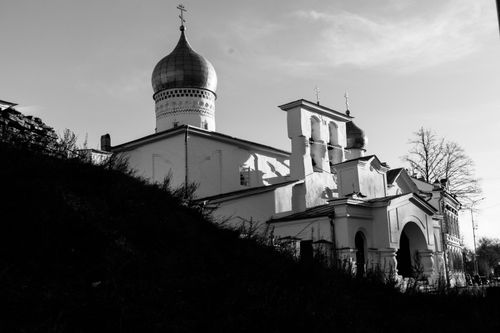 Free Black and white photo of a historic Orthodox church with a dome and crosses, captured in silhouette. Stock Photo
