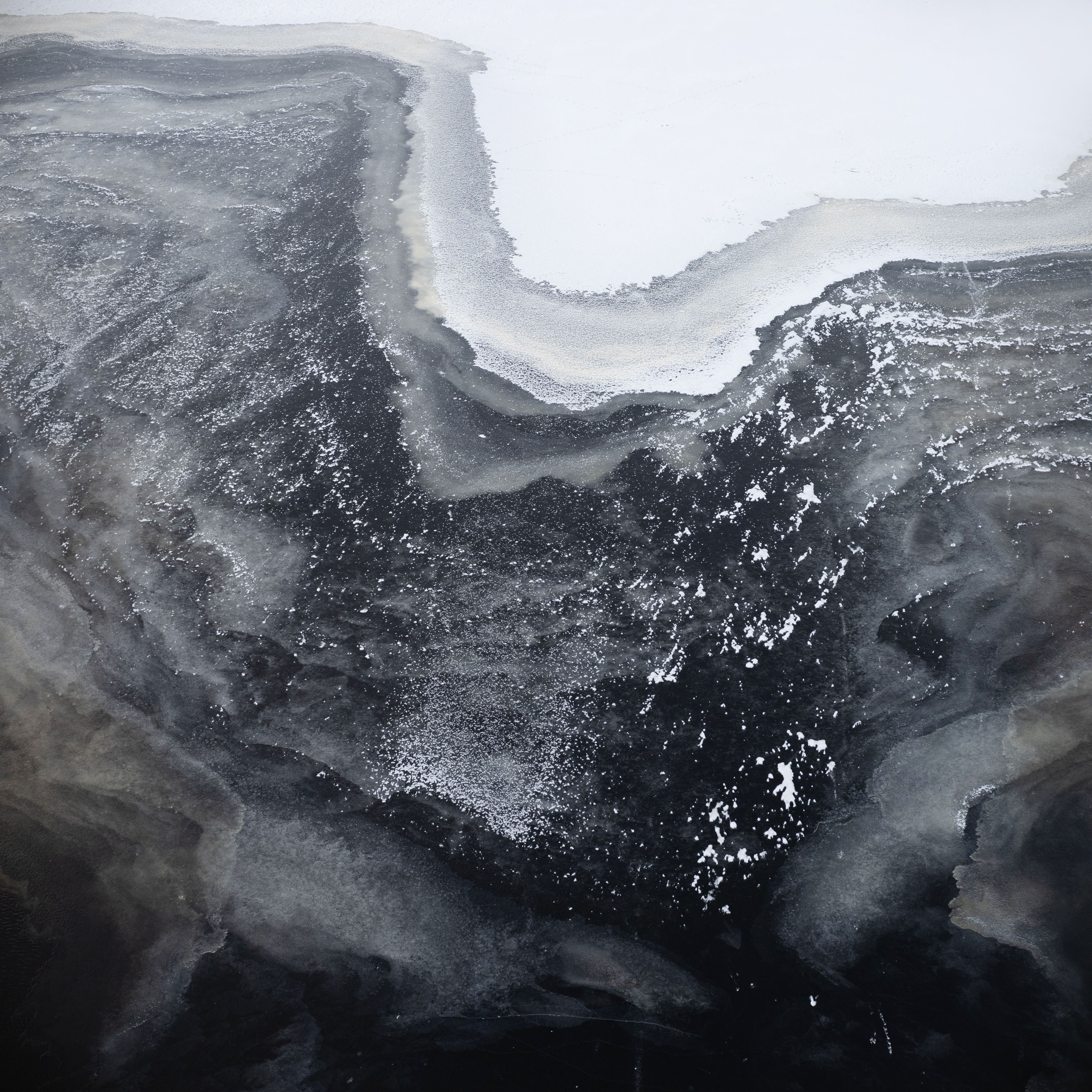 Abstract black and white texture resembling an aerial landscape view with flowing patterns.