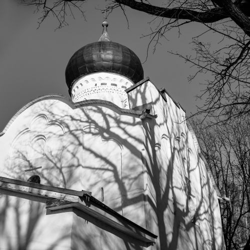 Free Monochrome image showcasing a traditional Orthodox church dome with tree shadows. Stock Photo