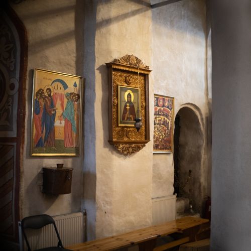 Free Orthodox church interior with religious icons on display, traditional architecture and decor. Stock Photo