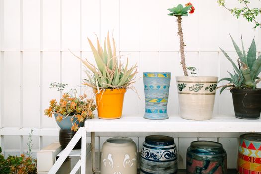 An arrangement of colorful ceramic pots with succulents on a white shelf indoors.
