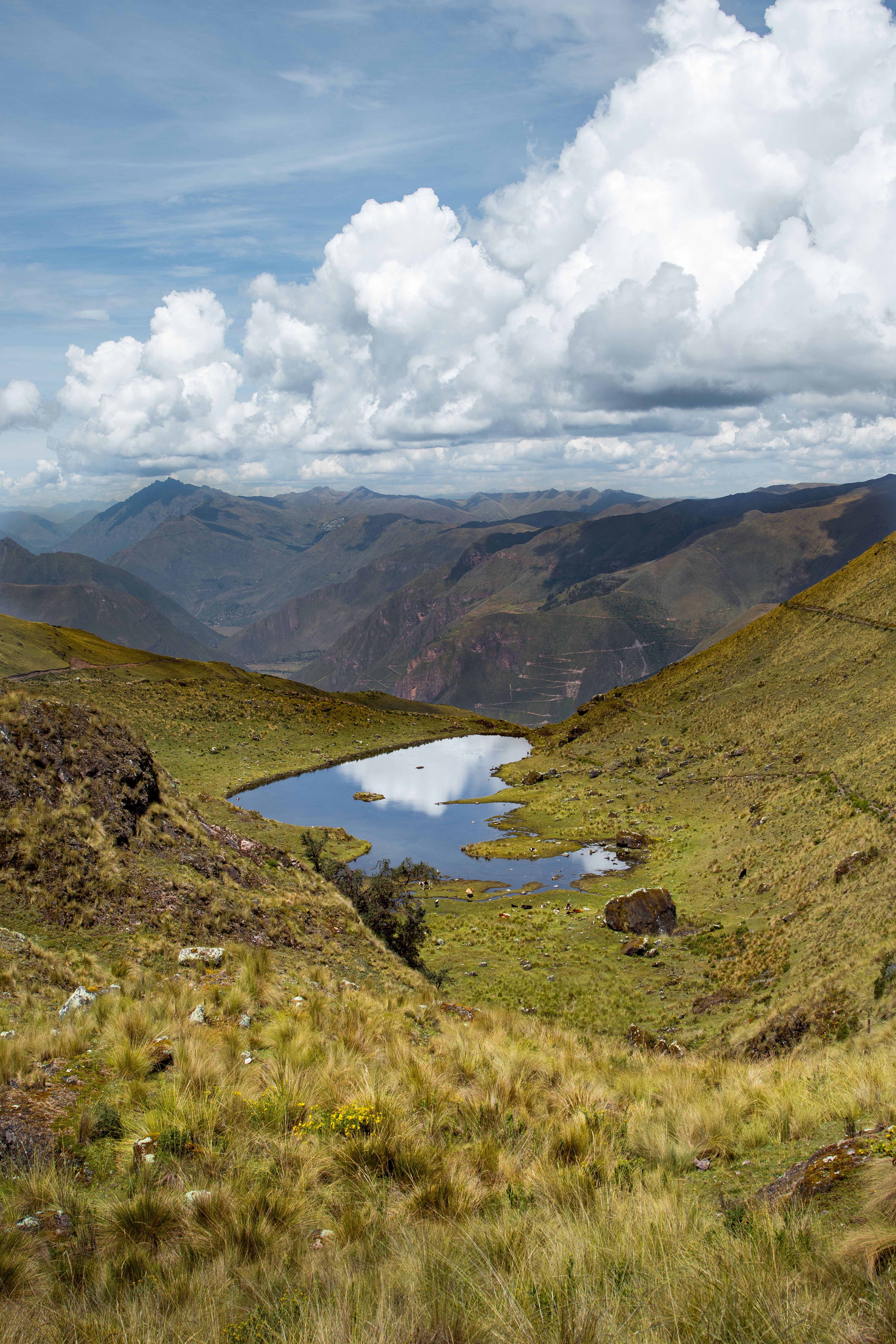 Breathtaking view of Andean highlands featuring a reflective lake and dramatic clouds.