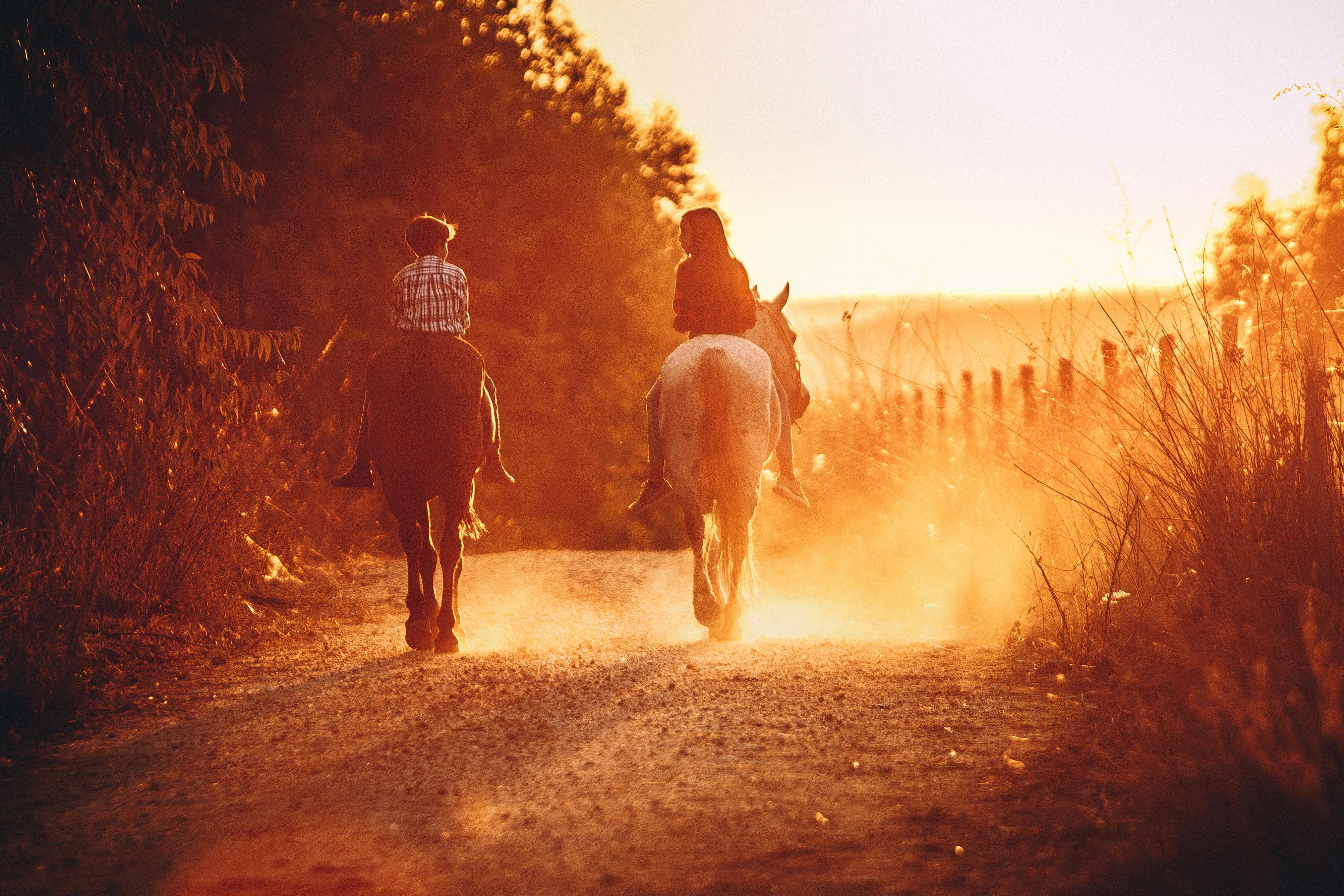 unrecognizable siblings riding horses on pathway with colorful dust outdoors