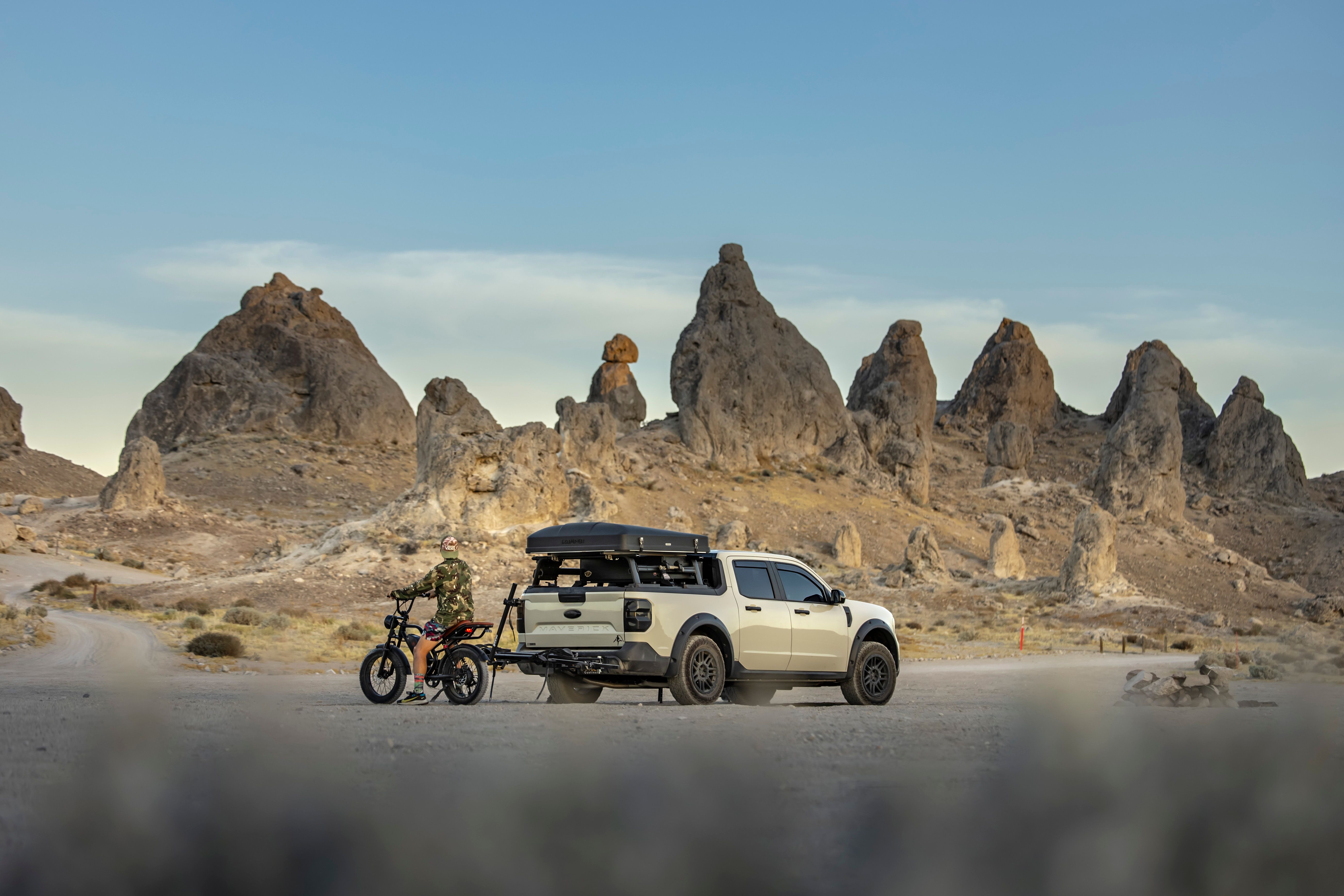 Truck and e-bike parked at Trona Pinnacles during an off-road outing