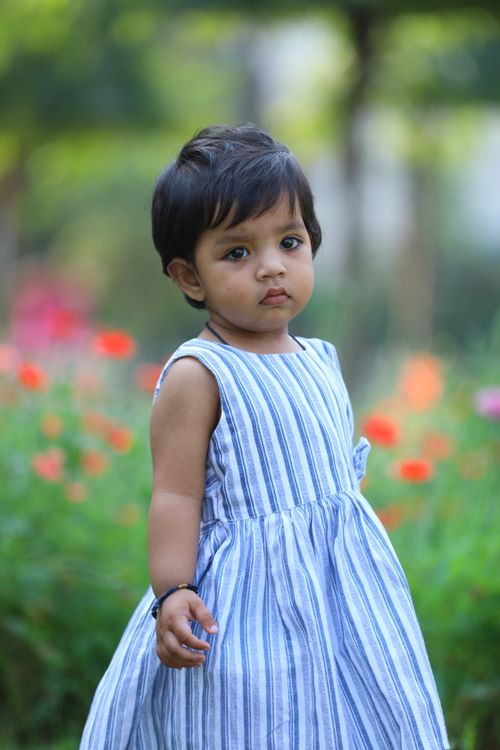 Free A cute toddler girl in a striped dress outdoors in a garden setting. Stock Photo