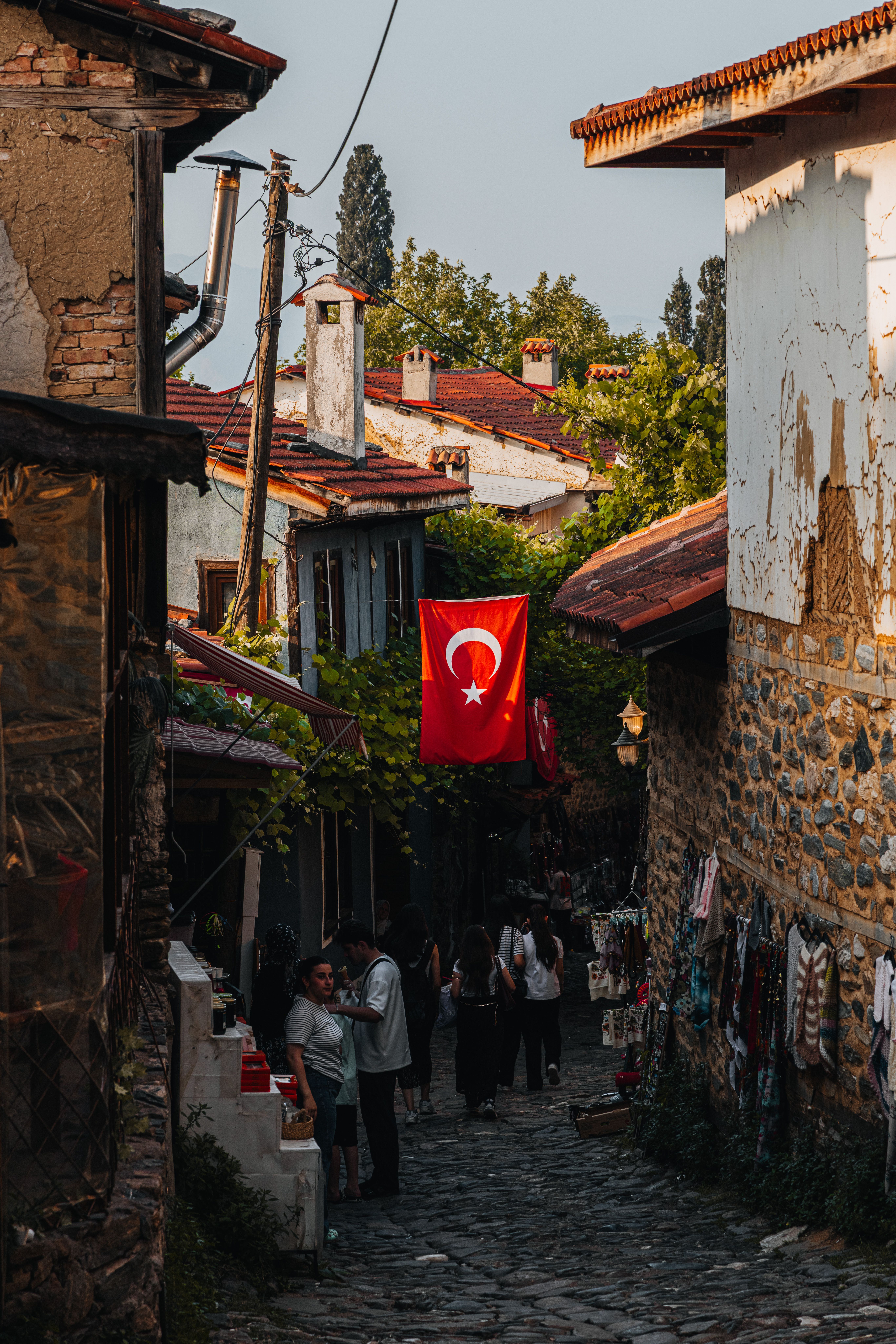 A quaint Turkish alleyway with traditional architecture and a prominently displayed Turkish flag.