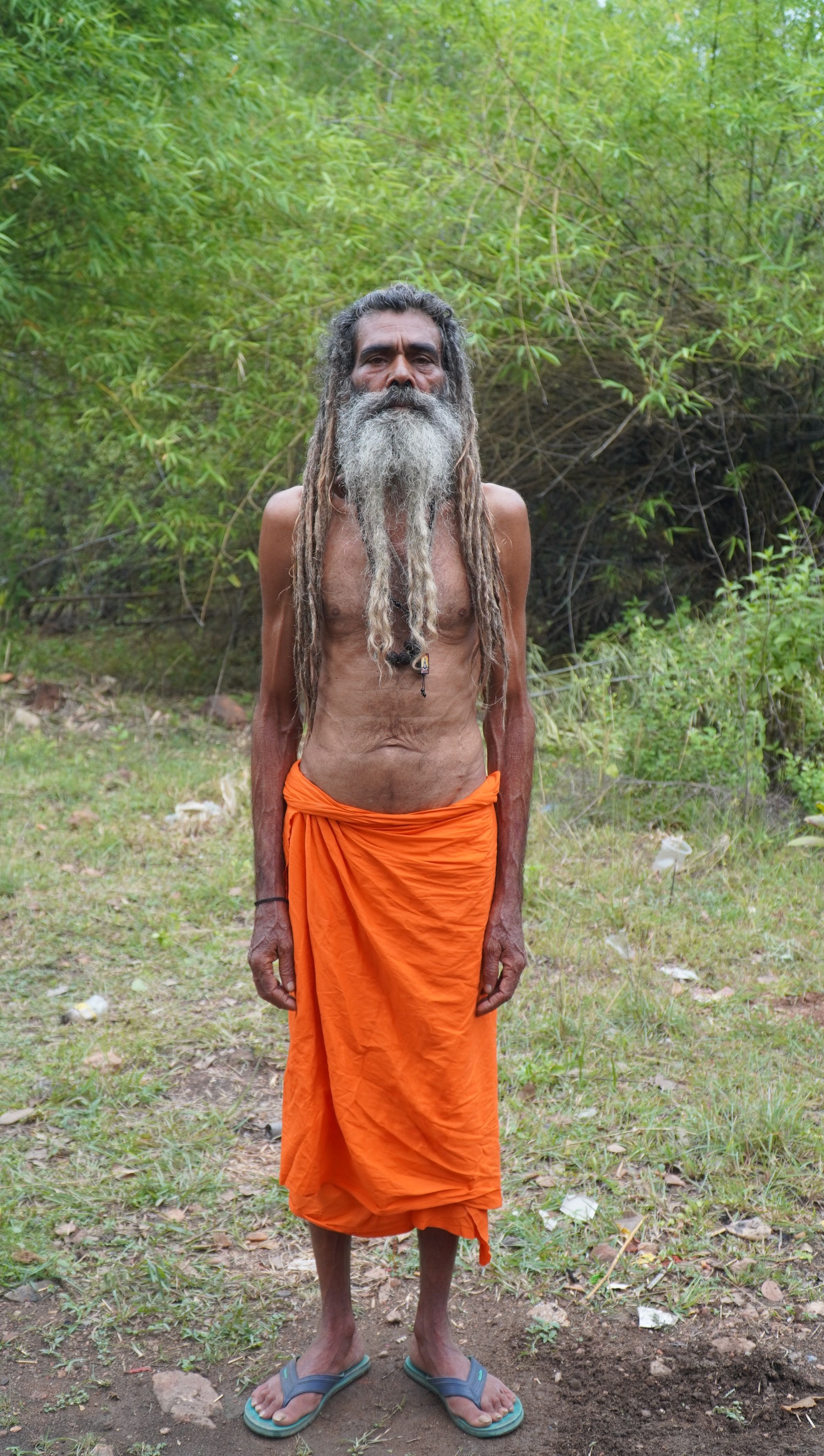 A serene portrait of an Indian holy man in vibrant orange attire amidst lush greenery.