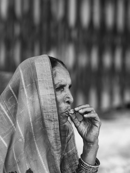 Free Portrait of an elderly woman wearing a sari, captured in thoughtful contemplation. Stock Photo