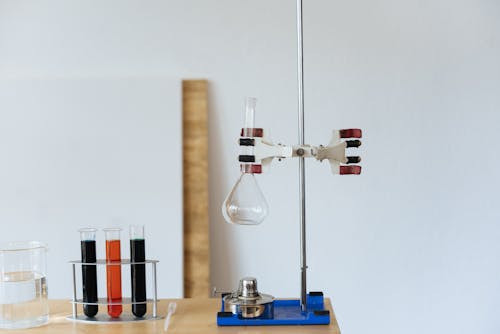 Chemical test with empty flask mounted on ring stand while burner under flask and tubes filled with reagents in modern lab