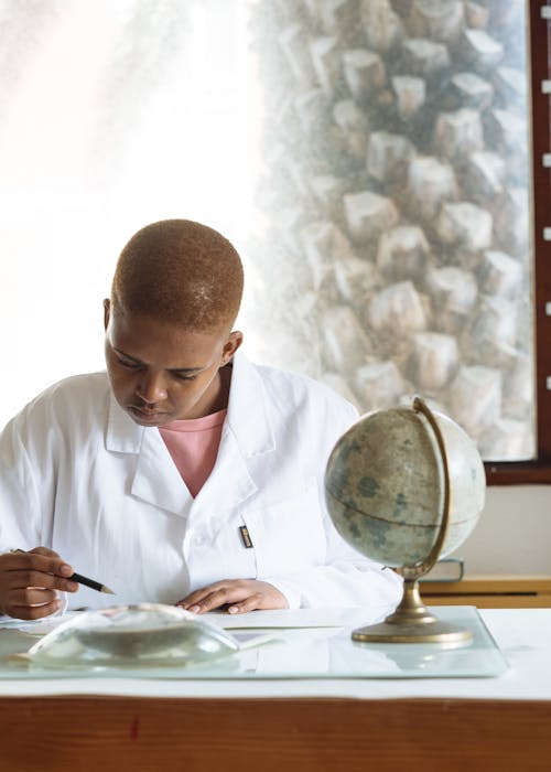 Scientifique Afro Américain Se Préparant à L'atelier De Géographie Assis Derrière La Fenêtre Avec Un énorme Palmier Dans La Bibliothèque