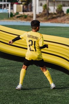 A young soccer player in a yellow Borussia Dortmund jersey on a football field.