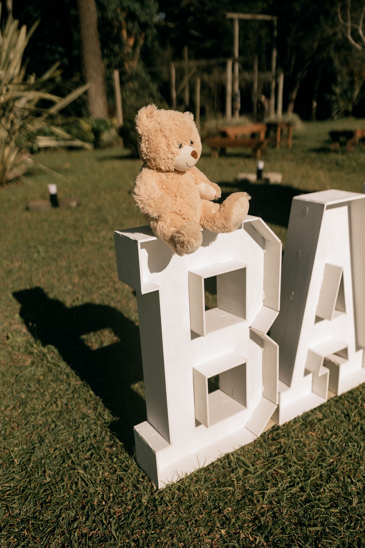 Teddy bear with a white baby sign