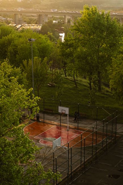 Sunlit aerial shot of a quiet basketball court surrounded by greenery in the evening.