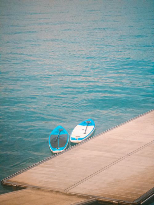 Free Empty paddle boards at a dock on Lake Zurich in summer, offering a glimpse of serene aquatic relaxation. Stock Photo
